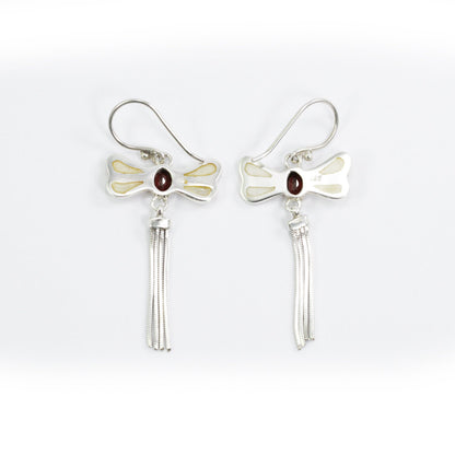 dragonfly earrings 925 sterling silver with genuine red garnet decorated with chain tails
