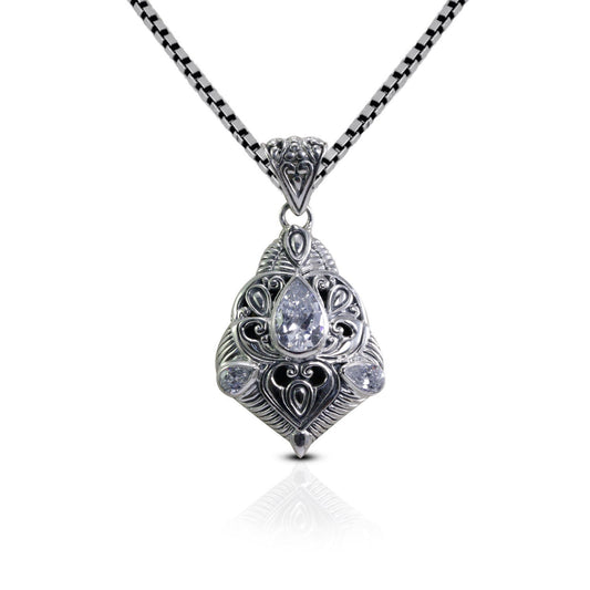 antique pendant necklace 925 sterling silver decorated with genuine white zirconia and filigree ornament