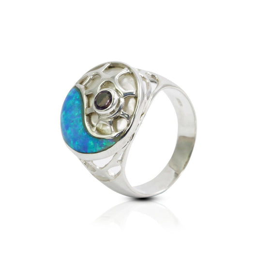 blue opal ring 925 sterling silver with genuine amethyst and white shell