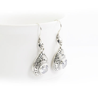 Drop earrings 925 sterling sliver with genuine white zirconia decorated with rock ornament