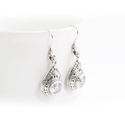 Drop earrings 925 sterling sliver with genuine white zirconia decorated with rock ornament