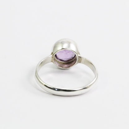 solitaire ring for women 8 mm round amethyst in handmade bezel  925 sterling silver