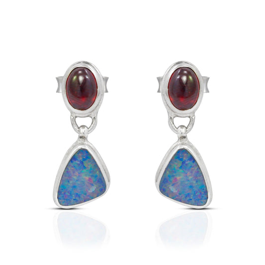 Australian Opal stud earrings with genuine garnet double bezel set in 925 sterling silver