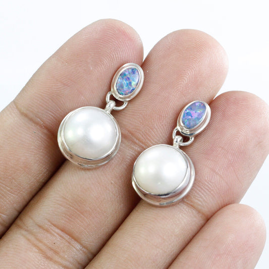 fire opal earrings stud 925 sterling silver with genuine white mabe pearl dangle
