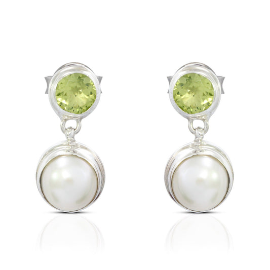 Pearl with peridot earrings studs in sterling silver bezel set dangling