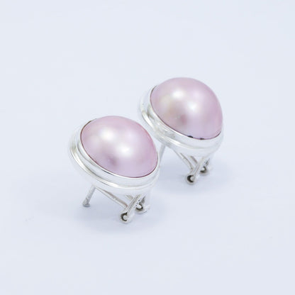 pink mabe pearl earrings stud 925 sterling silver in handmade bezel and safety omega lock