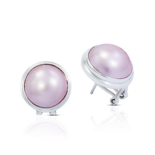 pink mabe pearl earrings stud 925 sterling silver in handmade bezel and safety omega lock