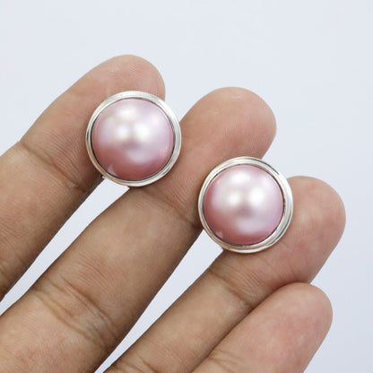 pink mabe pearl earrings stud 925 sterling silver in handmade bezel and safety omega lock