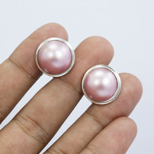pink mabe pearl earrings stud 925 sterling silver in handmade bezel and safety omega lock