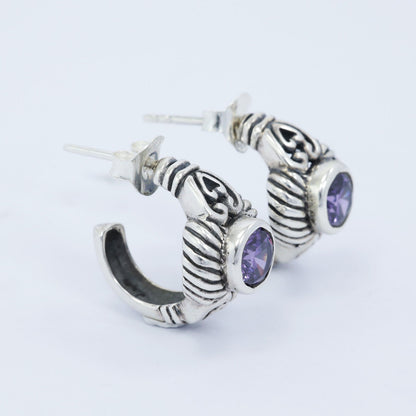 Hoop earrings 925 sterling silver with amethyst zirconia decorated with cable edge style