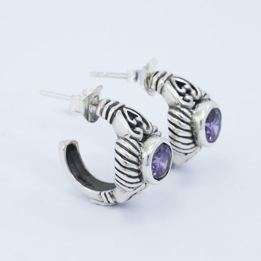 Hoop earrings 925 sterling silver with amethyst zirconia decorated with cable edge style