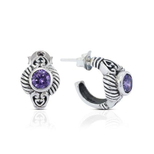Hoop earrings 925 sterling silver with amethyst zirconia decorated with cable edge style