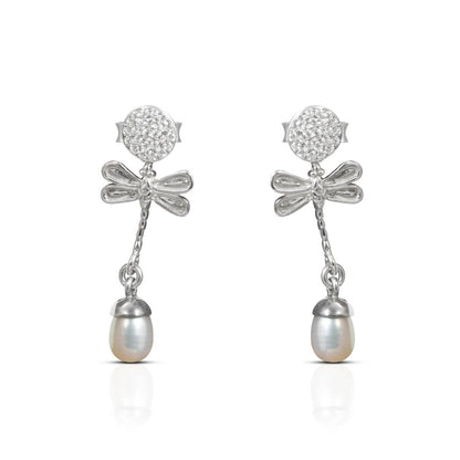 dragonfly earrings with pave setting and freshwater pearl set in 925 sterling silver