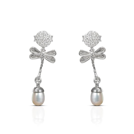 dragonfly earrings with pave setting and freshwater pearl set in 925 sterling silver
