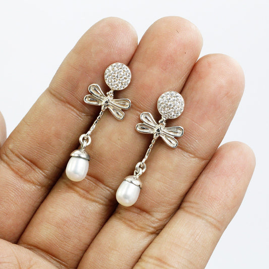 dragonfly earrings with pave setting and freshwater pearl set in 925 sterling silver