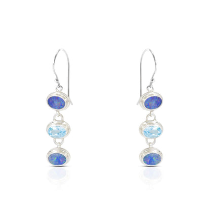 blue opal earrings 925 sterling silver dangle drop combined with genuine blue topaz