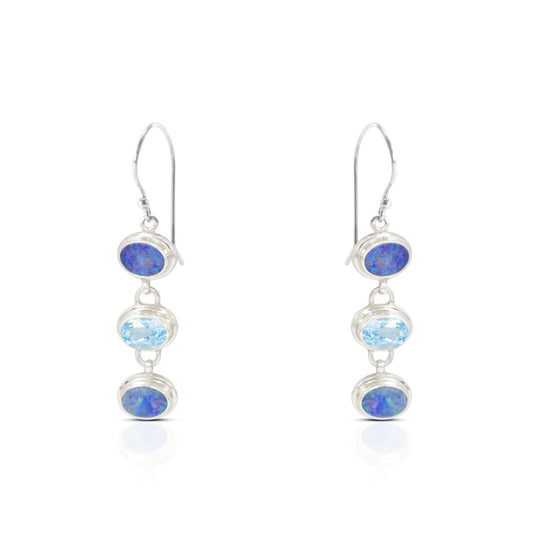 blue opal earrings 925 sterling silver dangle drop combined with genuine blue topaz