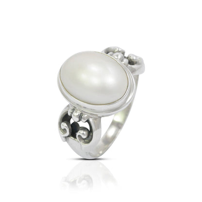 oval pearl ring 925 sterling silver decorated with swirl filigree ornament bezel setting