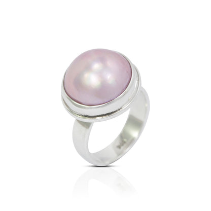 pink pearl ring set in 925 sterling silver handmade bezel, genuine pink mabe pearl ring