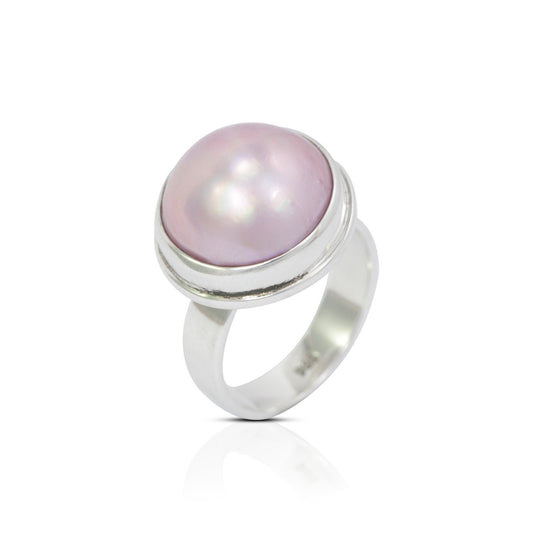 pink pearl ring set in 925 sterling silver handmade bezel, genuine pink mabe pearl ring