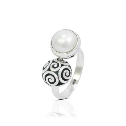 Bypass pearl ring 925 sterling silver, fresh water pearl ring, filigree ring