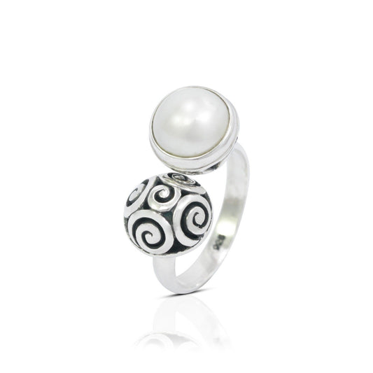 Bypass pearl ring 925 sterling silver, fresh water pearl ring, filigree ring