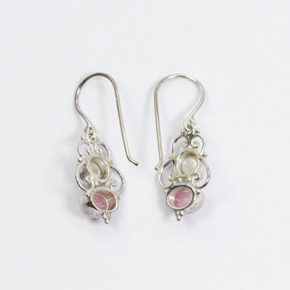 pink tourmaline earrings 925 sterling silver with genuine freshwater pearl and filigree ornament