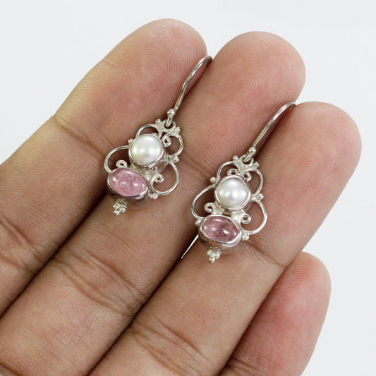 pink tourmaline earrings 925 sterling silver with genuine freshwater pearl and filigree ornament