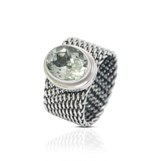 Green Amethyst ring 925 sterling silver With woven chain bezel
