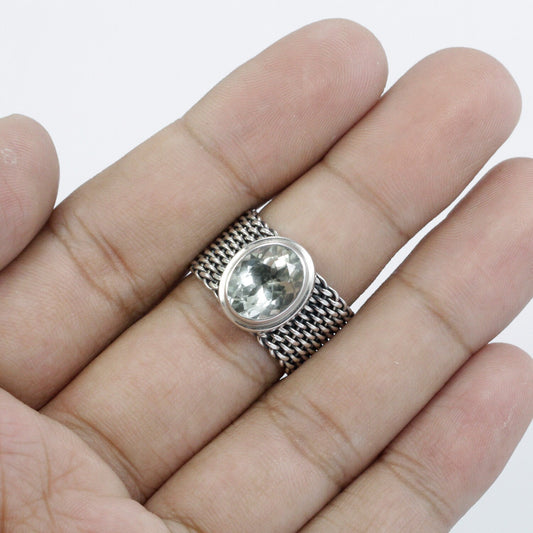 Green Amethyst ring 925 sterling silver With woven chain bezel