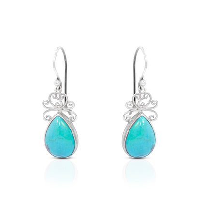 Teardrop Turquoise Earrings 925 Sterling Silver Decorated with Handmade Filigree Bezel