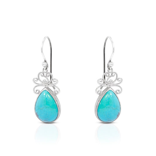 Teardrop Turquoise Earrings 925 Sterling Silver Decorated with Handmade Filigree Bezel
