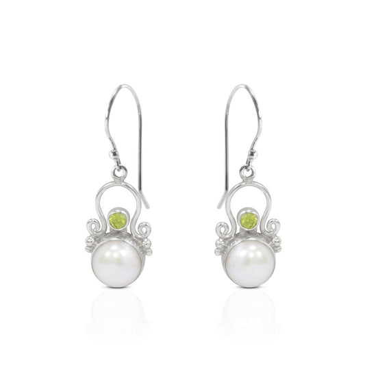 pearl earrings 925 sterling silver with genuine green peridot in bezel set