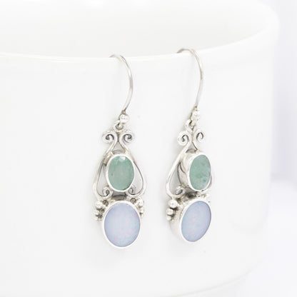 emerald earrings dangle set in 925 sterling silver with genuine fire opal
