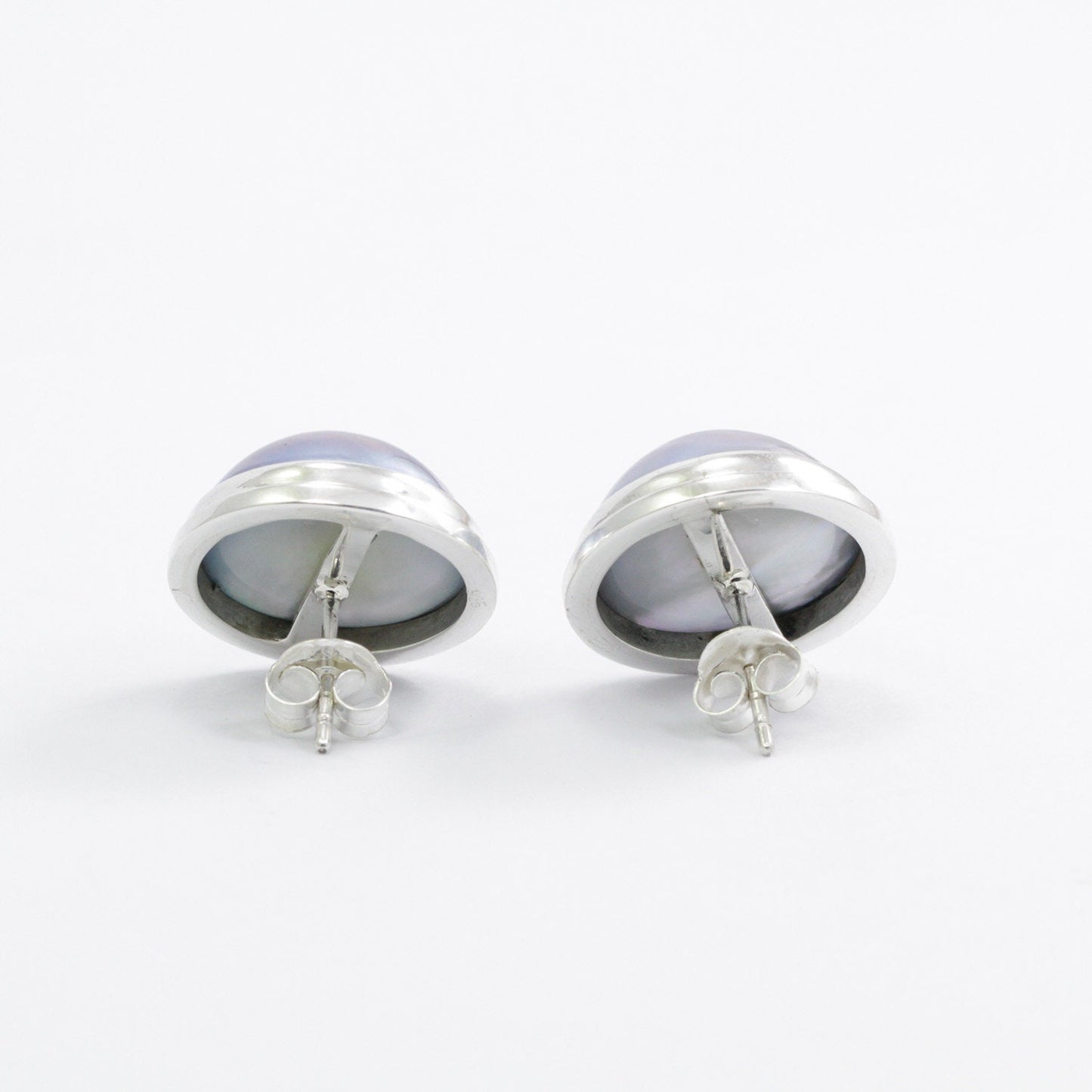Blue Mabe Pearl stud Earrings 925 Sterling Silver with Double Bezel push back closure