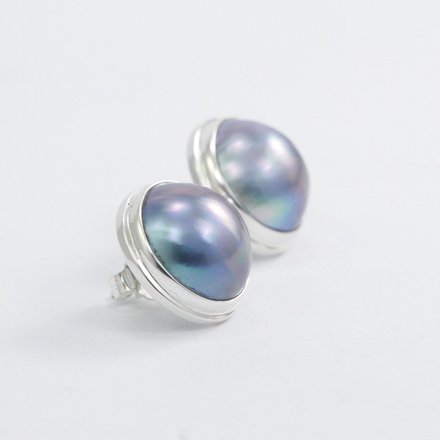 Blue Mabe Pearl stud Earrings 925 Sterling Silver with Double Bezel push back closure