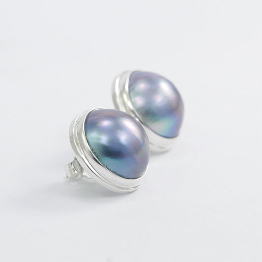 Blue Mabe Pearl stud Earrings 925 Sterling Silver with Double Bezel push back closure