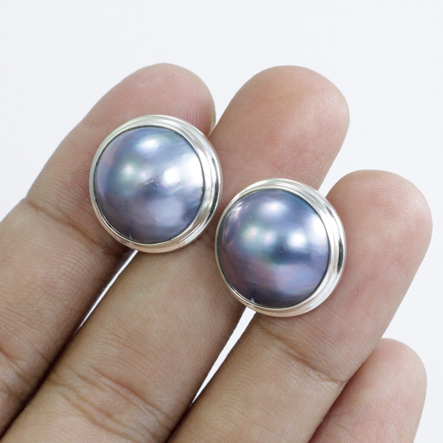 Blue Mabe Pearl stud Earrings 925 Sterling Silver with Double Bezel push back closure