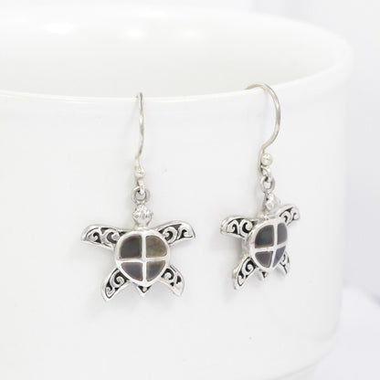 silver turtle earrings 925 sterling silver decorated with black shell