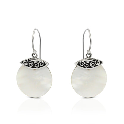 circle earrings 925 sterling silver with genuine white shell and antique filigree ornament