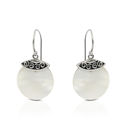 circle earrings 925 sterling silver with genuine white shell and antique filigree ornament