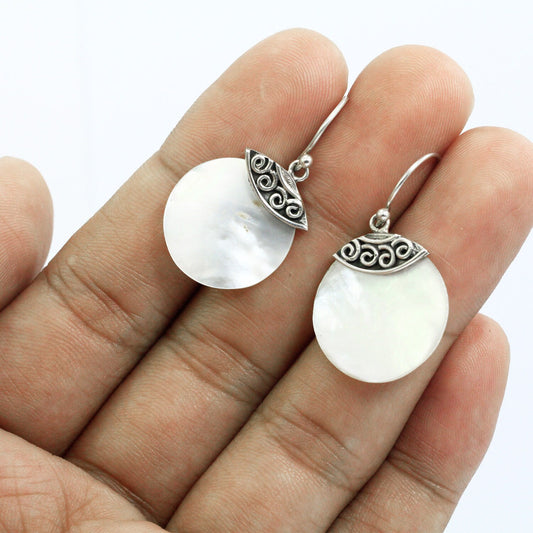 circle earrings 925 sterling silver with genuine white shell and antique filigree ornament