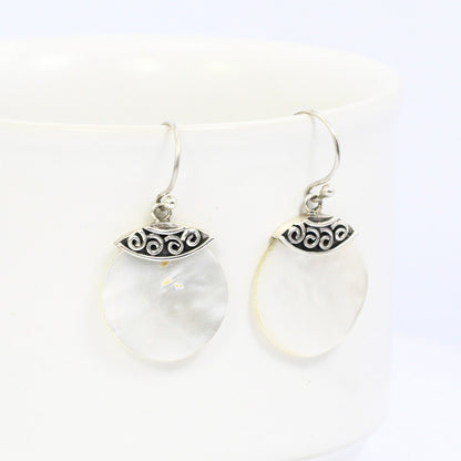 circle earrings 925 sterling silver with genuine white shell and antique filigree ornament