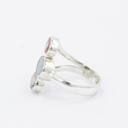 Three stone ring 925 sterling silver bypass with natural Pink and green tourmaline,