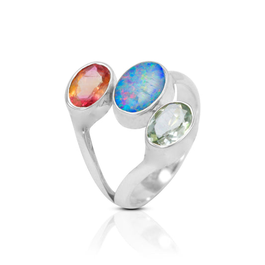 Three stone ring 925 sterling silver bypass with natural Pink and green tourmaline,