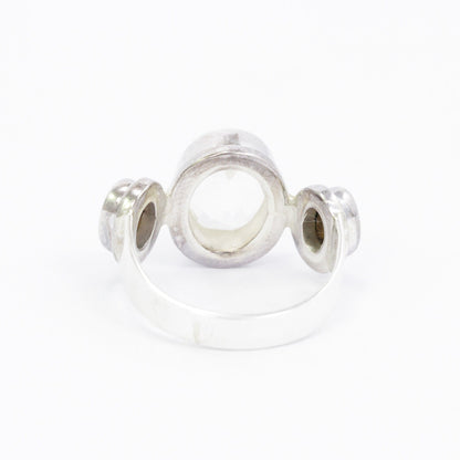 white crystal ring 925 sterling silver with fire opal bezel set, three stone ring