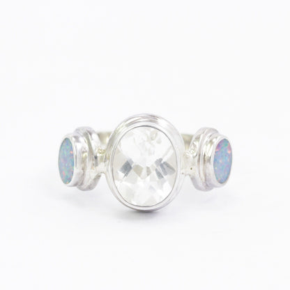 white crystal ring 925 sterling silver with fire opal bezel set, three stone ring