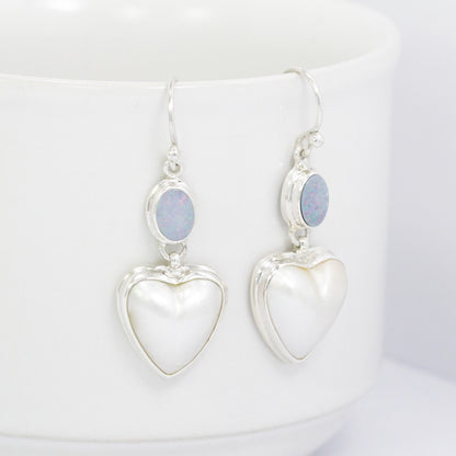 heart shape pearl earrings 925 sterling silver with genuine opal in bezel set