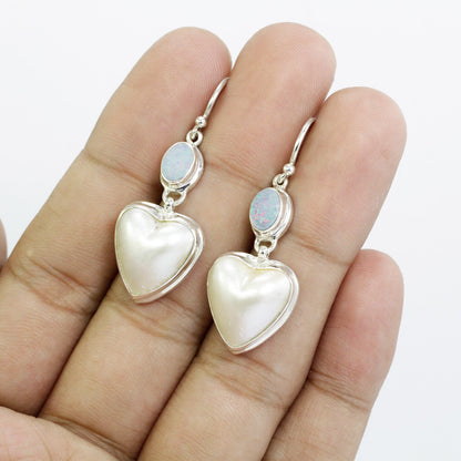 heart shape pearl earrings 925 sterling silver with genuine opal in bezel set