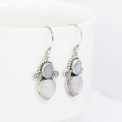 Moonstone earrings drop 925 sterling silver with natural fire opal with swirl wire filigree
